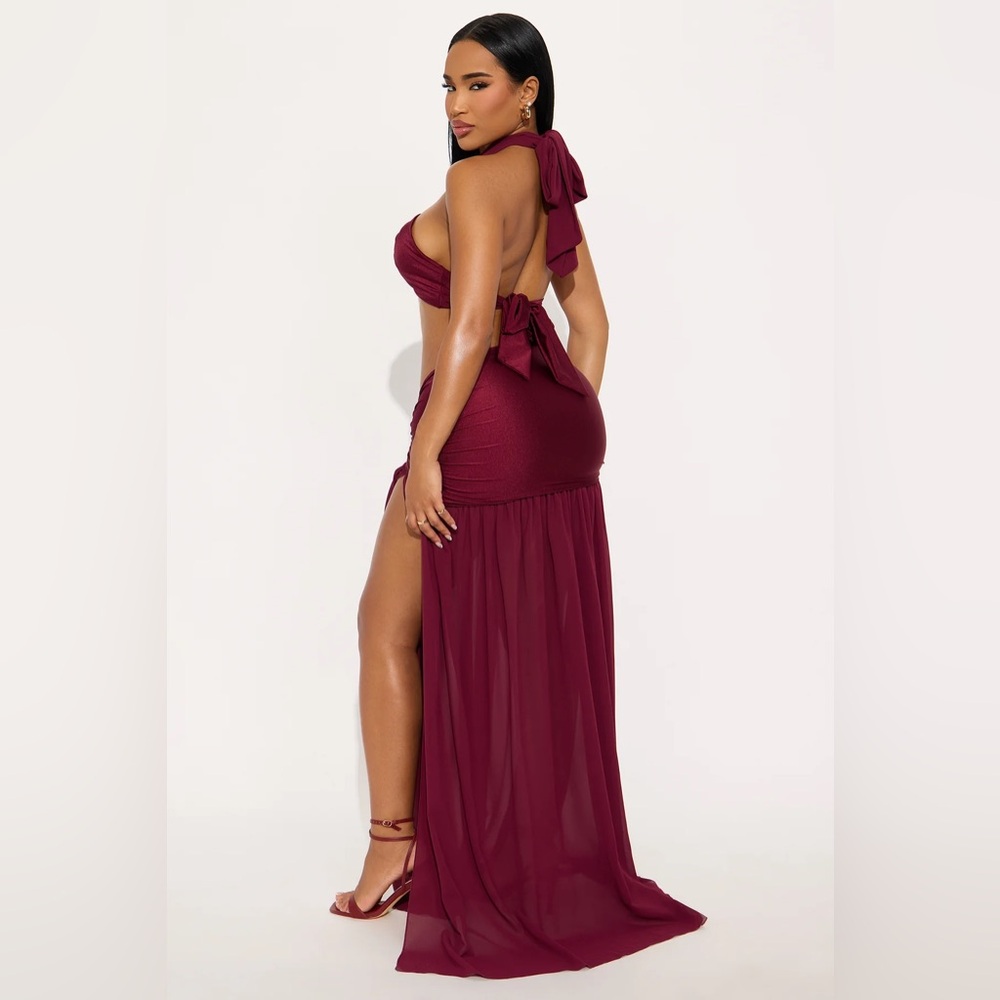 FASHIONNOVA Wine Blissful Day Maxi Skirt CutOut Halter Tie Around Style Set - Picture 3 of 3